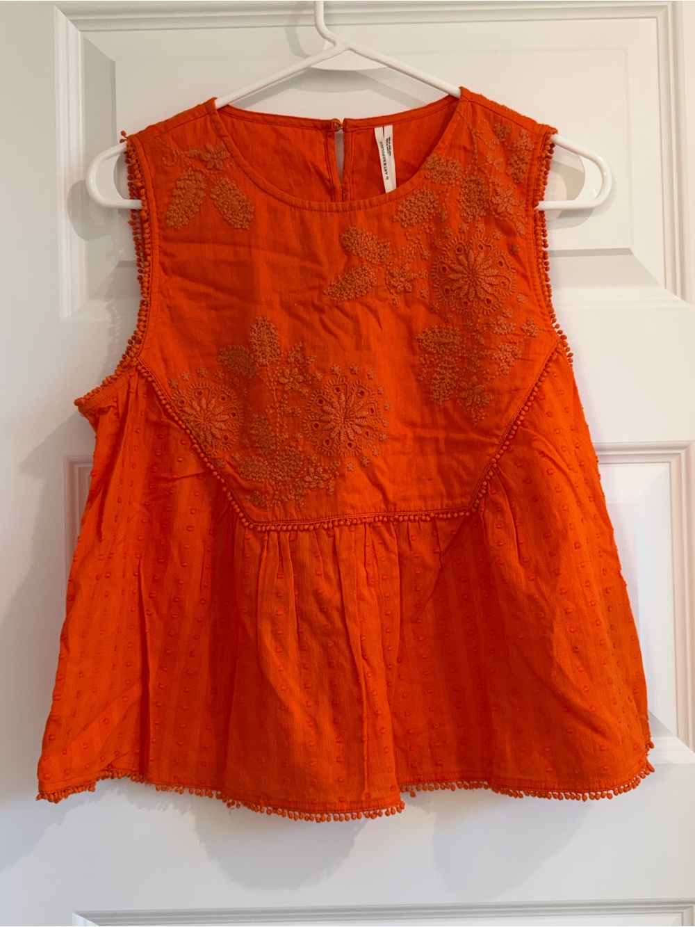 Anthropologie Bright Orange Embroidered Sleeveless Peplum Tank